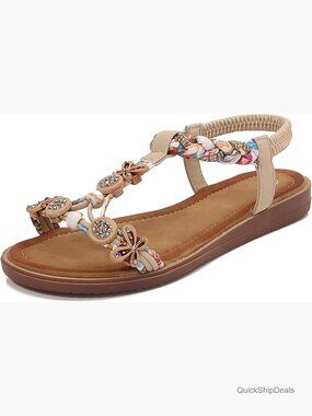 Bohemian Flat Sandals T-Strap Open Toe with Flower Beaded Casual Elastic Strap